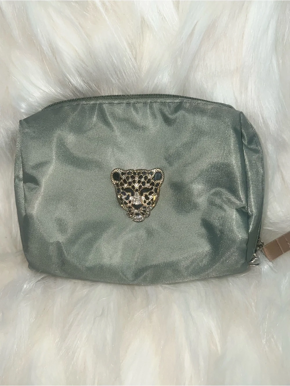Jeweled Panther Cosmetic/Jewelry Bag Sage Green Zip Pouch